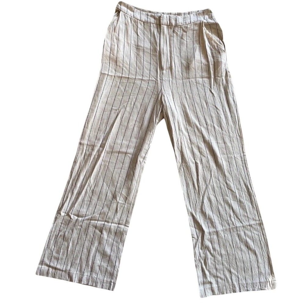 Avec Les Filles Pinstripe Pants Womens 8 Wide Leg Linen Blend High Rise Cream